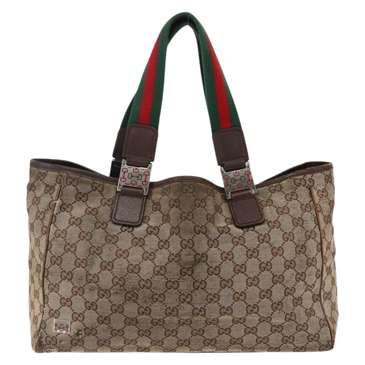 GUCCI GG Canvas Web Sherry Line Tote Bag Beige Silver Red 145758 Auth bs33193