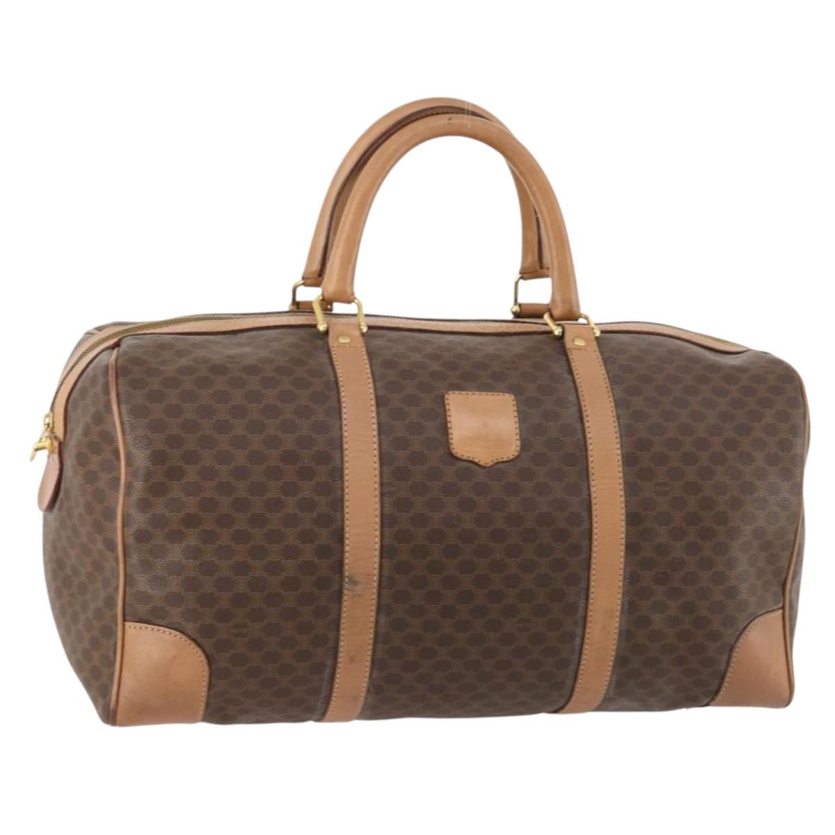 CELINE Macadam Canvas Boston Bag PVC Leather Brown Gold Auth bs33203