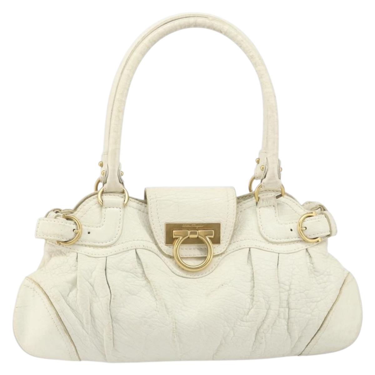 Salvatore Ferragamo Hand Bag Leather White Gold Auth bs33230