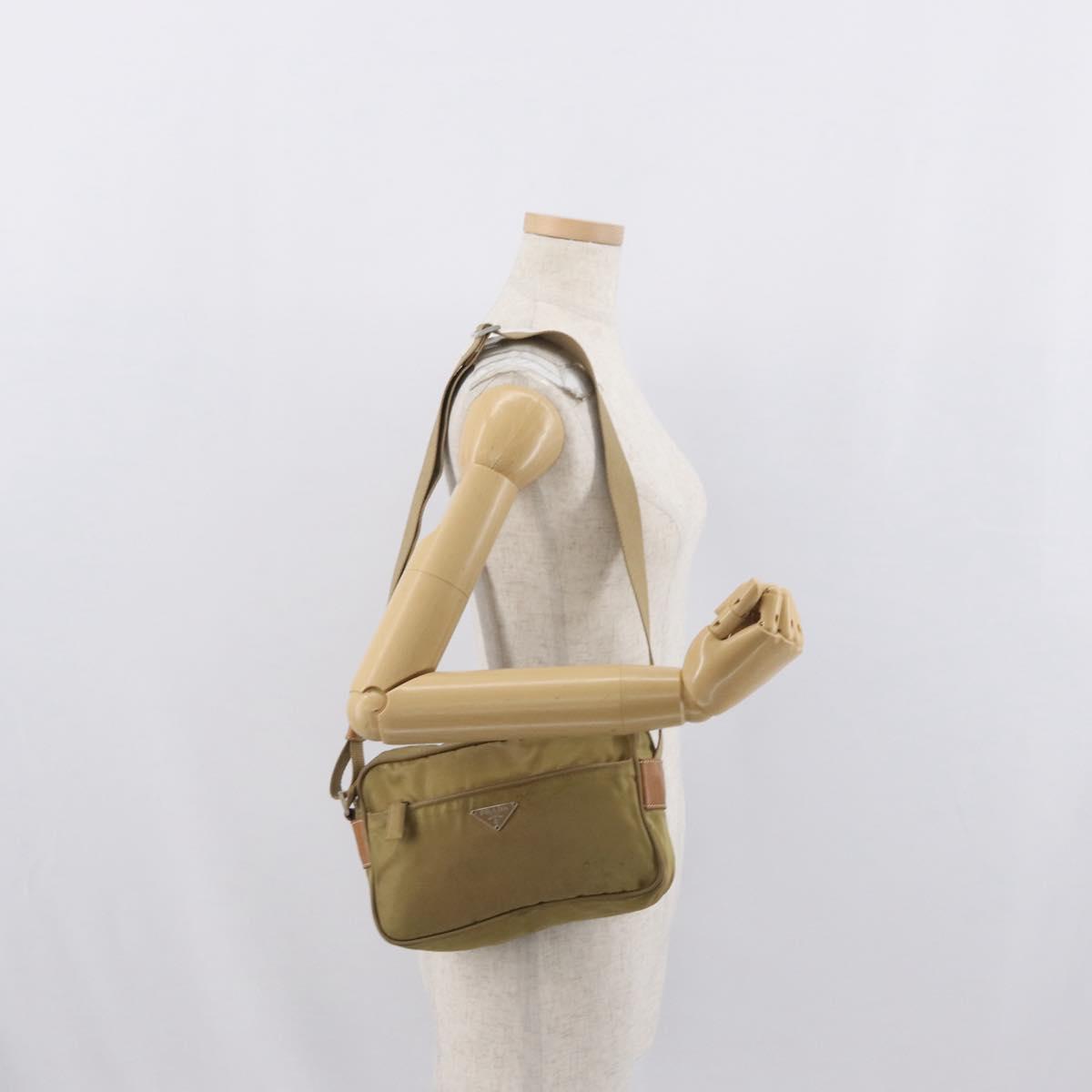PRADA Shoulder Bag Nylon Beige Silver Auth bs33242