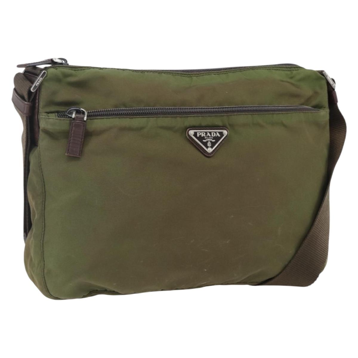 PRADA Shoulder Bag Nylon Khaki Silver Auth bs33243