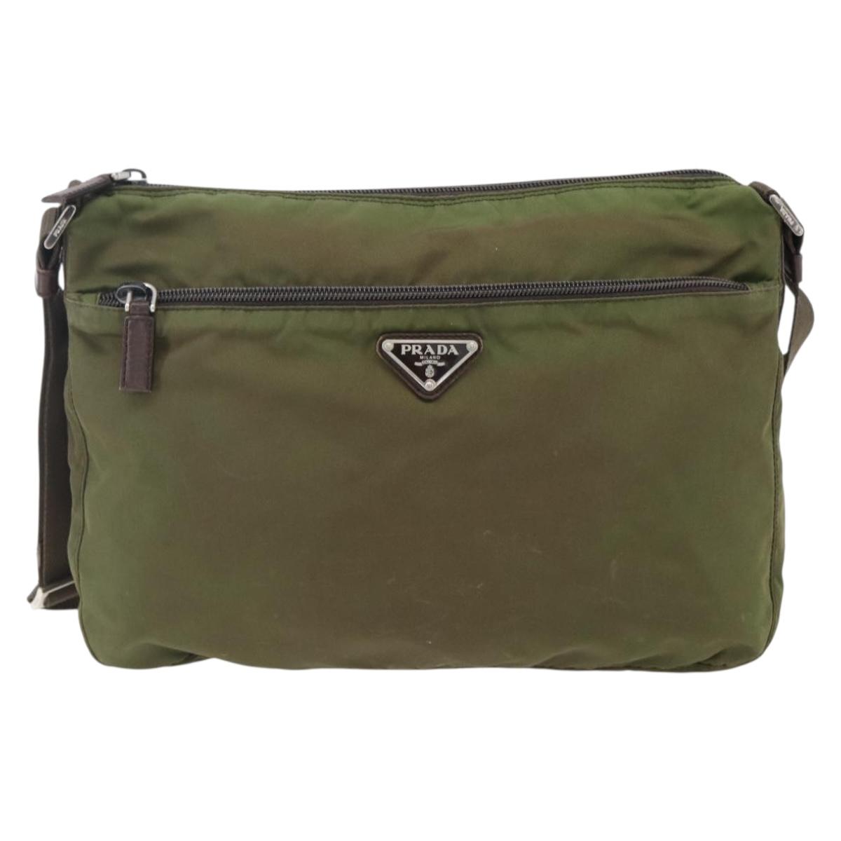 PRADA Shoulder Bag Nylon Khaki Silver Auth bs33243