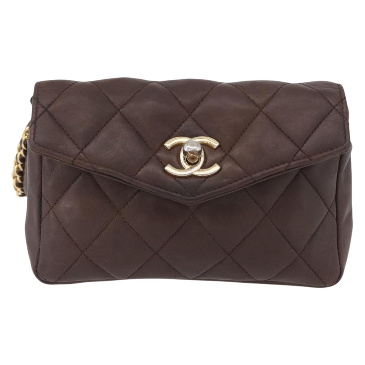 CHANEL Matelasse Waist bag Lamb Skin Brown Gold CC Auth bs33252