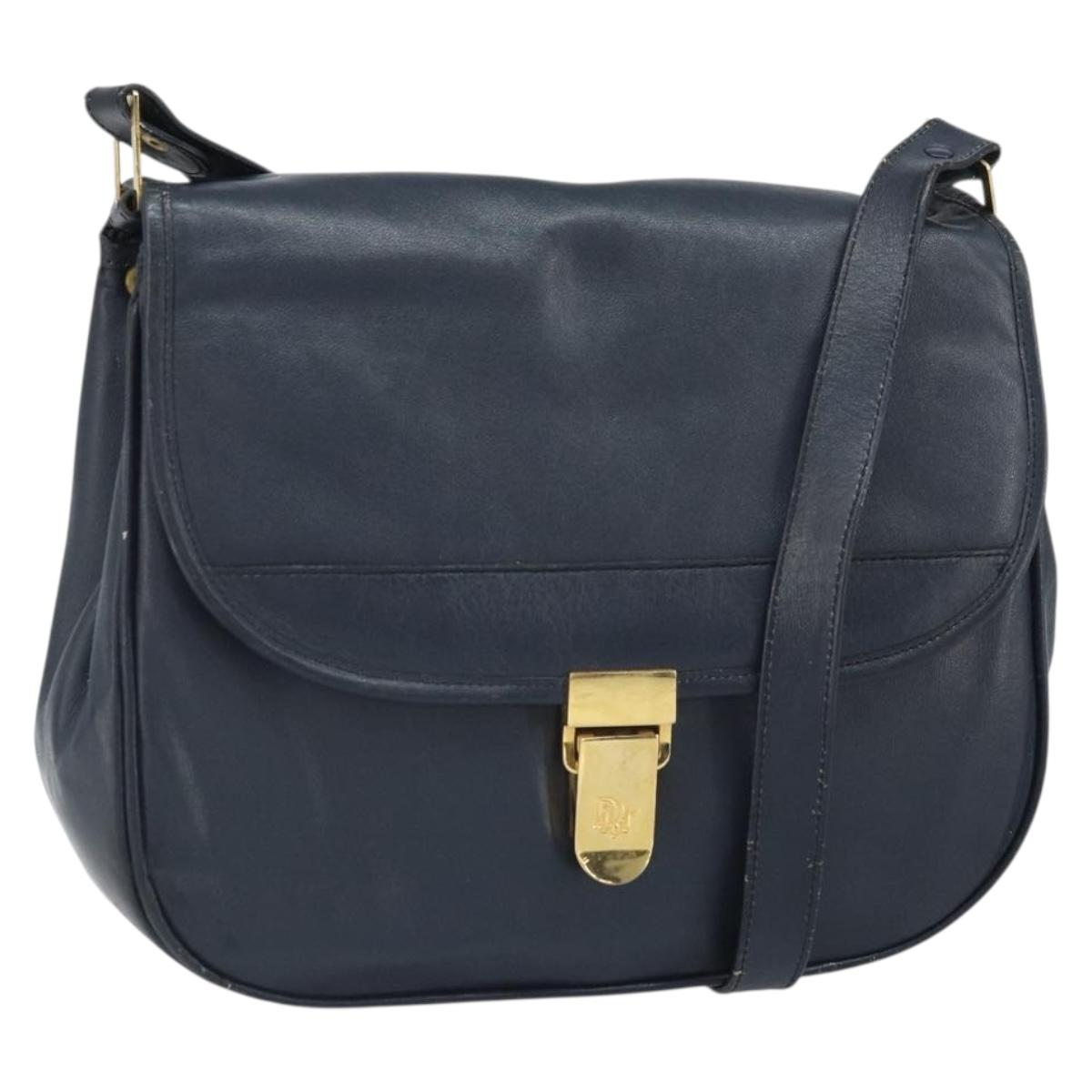 Christian Dior Shoulder Bag Leather Navy Gold Auth bs33272