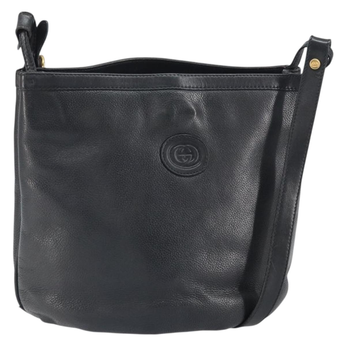 GUCCI Shoulder Bag Leather Black Gold Auth bs33277