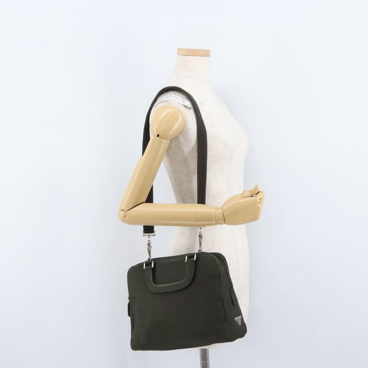 PRADA Hand Bag Nylon 2way Khaki Silver Auth bs33285