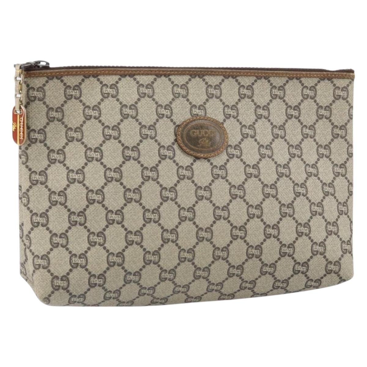 GUCCI GG Plus Supreme Clutch Bag PVC Beige Gold Auth bs33292