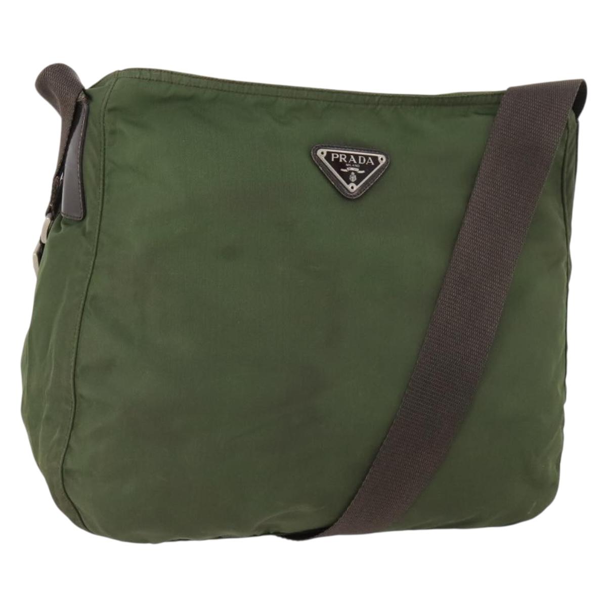 PRADA Shoulder Bag Nylon Khaki Silver Auth bs33303