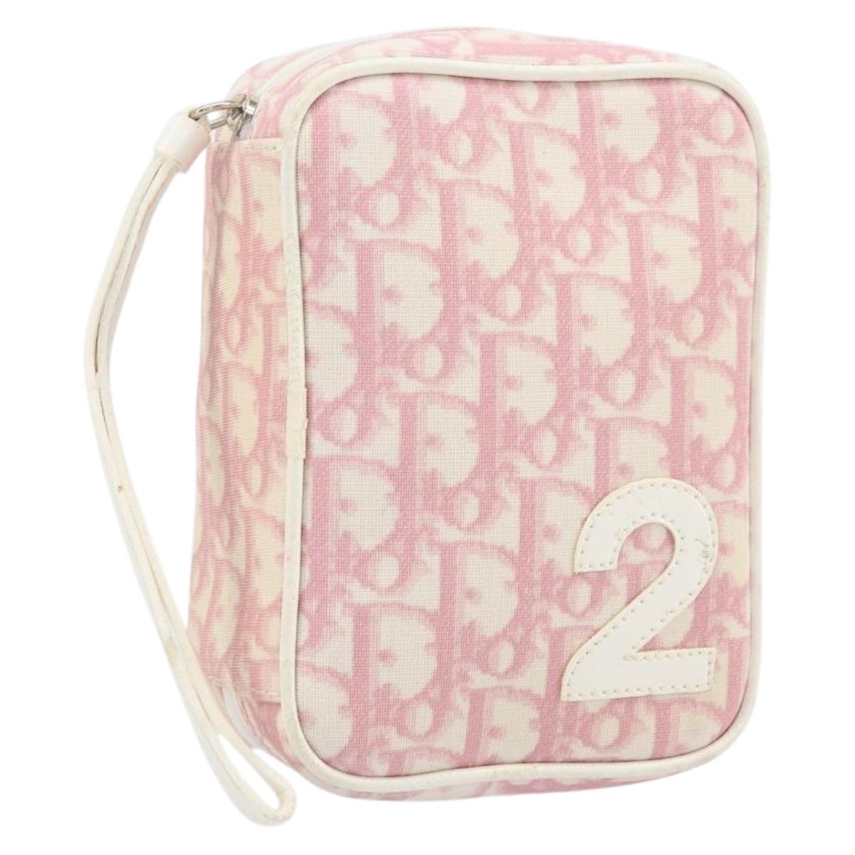 Christian Dior Trotter Canvas Pouch PVC Pink Silver Auth bs33307