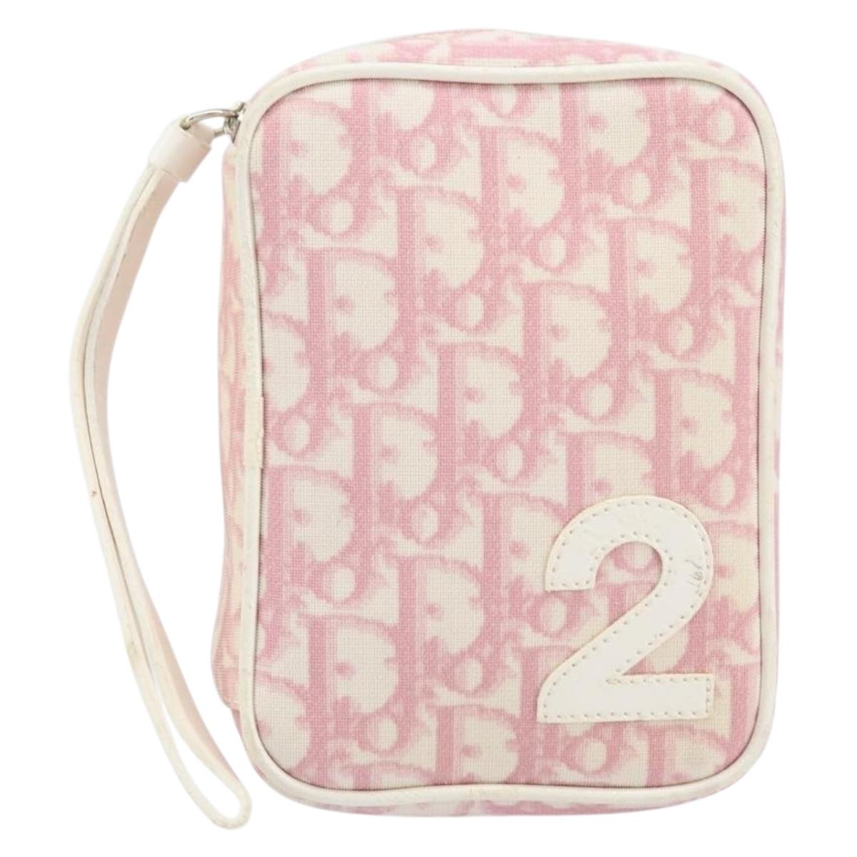Christian Dior Trotter Canvas Pouch PVC Pink Silver Auth bs33307