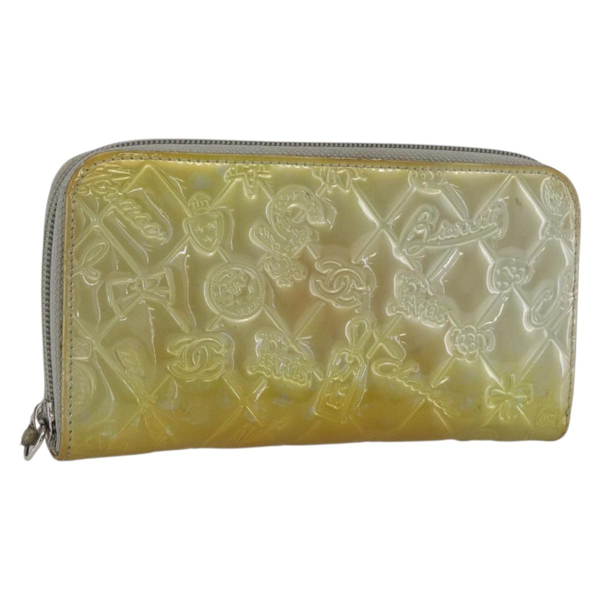 CHANEL Icon line Long Wallet Patent leather Silver CC Auth bs33317