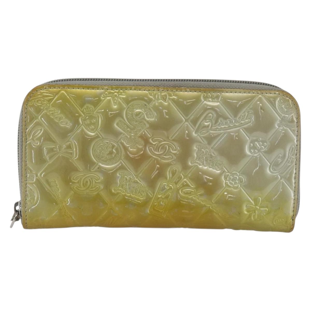 CHANEL Icon line Long Wallet Patent leather Silver CC Auth bs33317