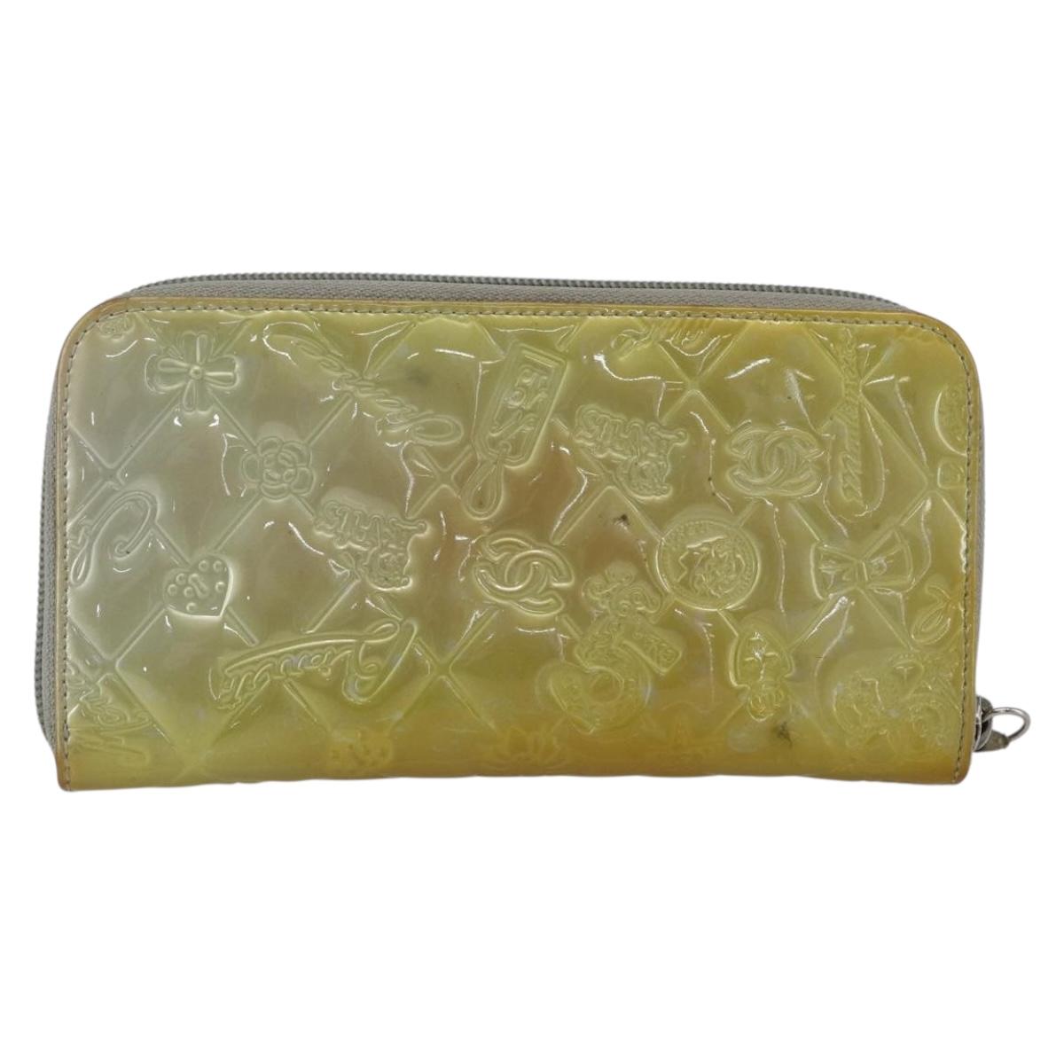 CHANEL Icon line Long Wallet Patent leather Silver CC Auth bs33317
