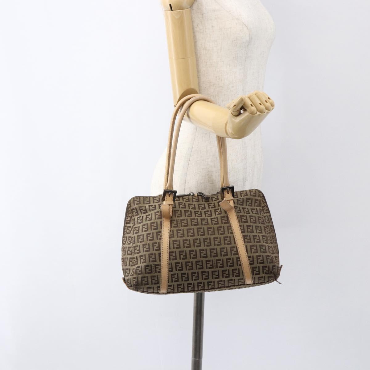 FENDI Zucchino Canvas Hand Bag Beige Silver Auth bs33319
