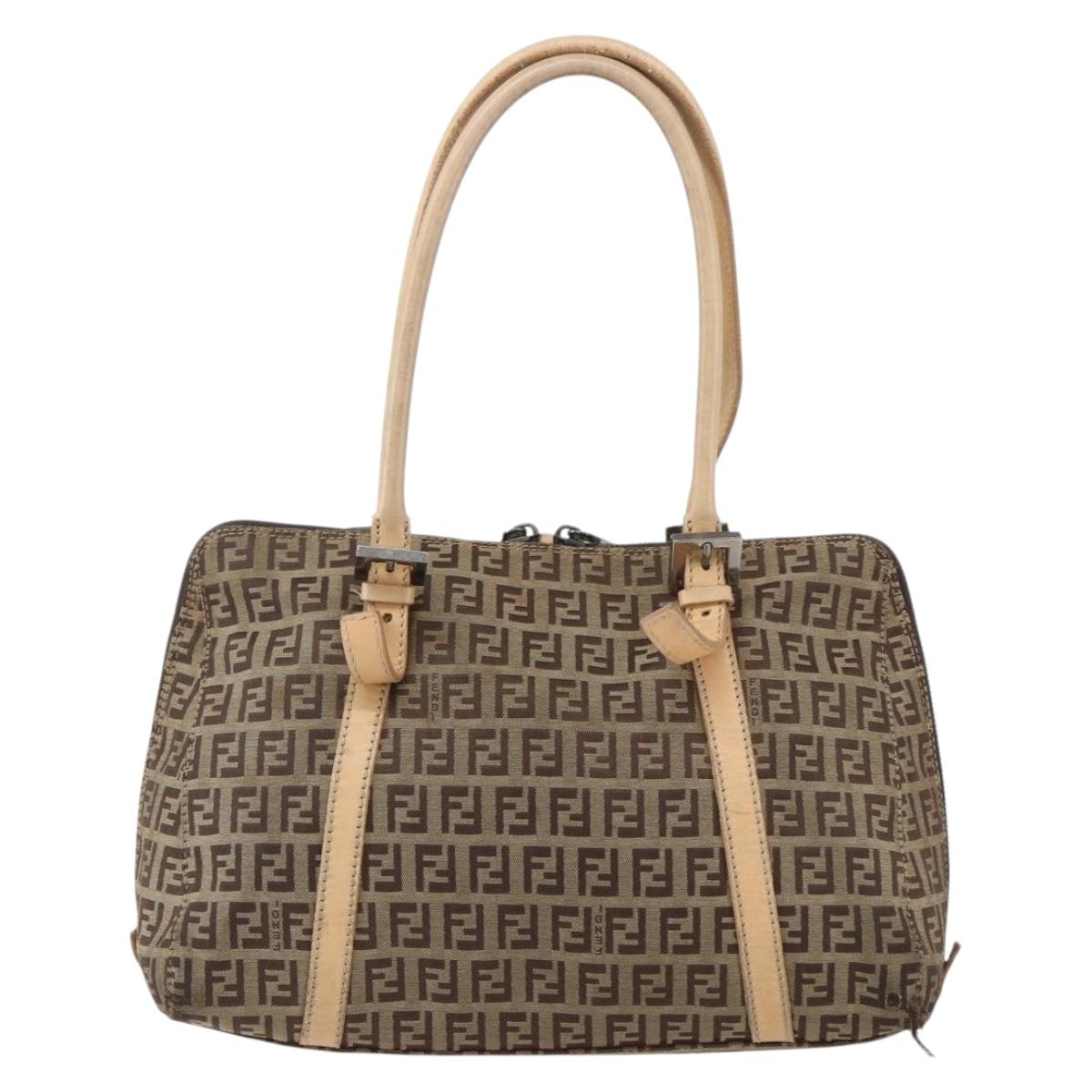 FENDI Zucchino Canvas Hand Bag Beige Silver Auth bs33319