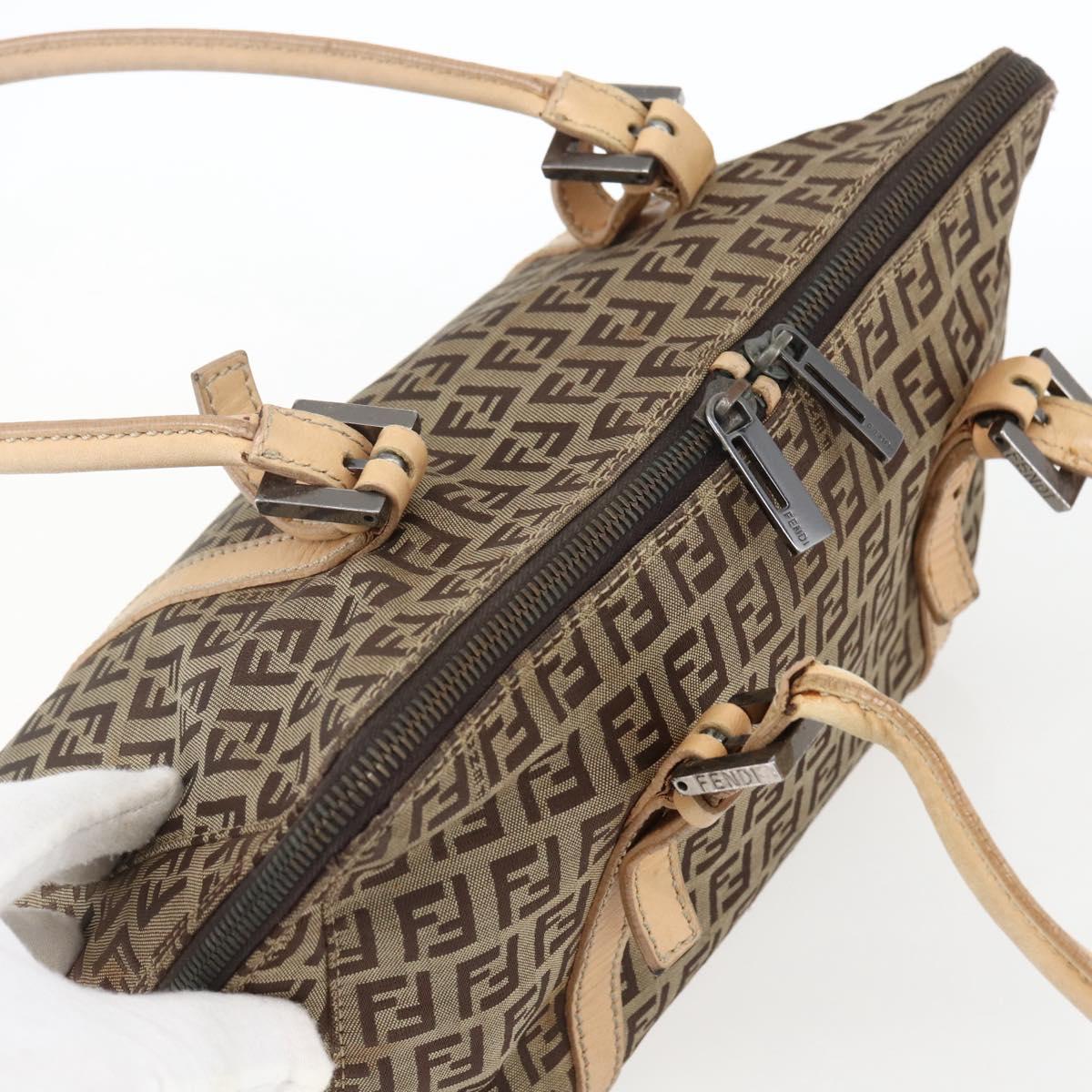 FENDI Zucchino Canvas Hand Bag Beige Silver Auth bs33319
