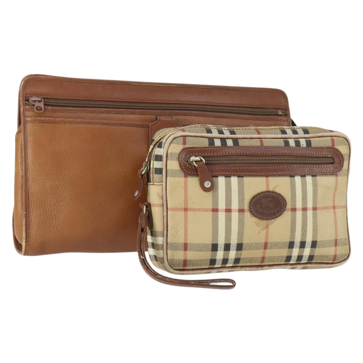 Burberrys Nova Check Clutch Bag Leather PVC 2 Set Beige Brown Auth bs33346