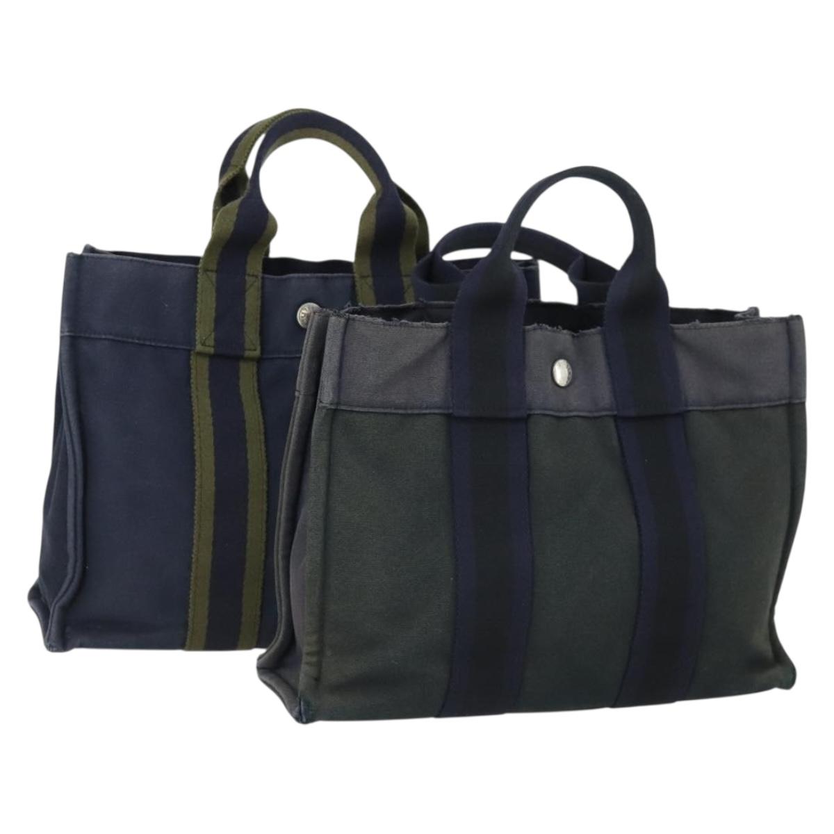 HERMES Fourre Tout Hand Bag Canvas 2 Set Gray Navy Auth bs33354