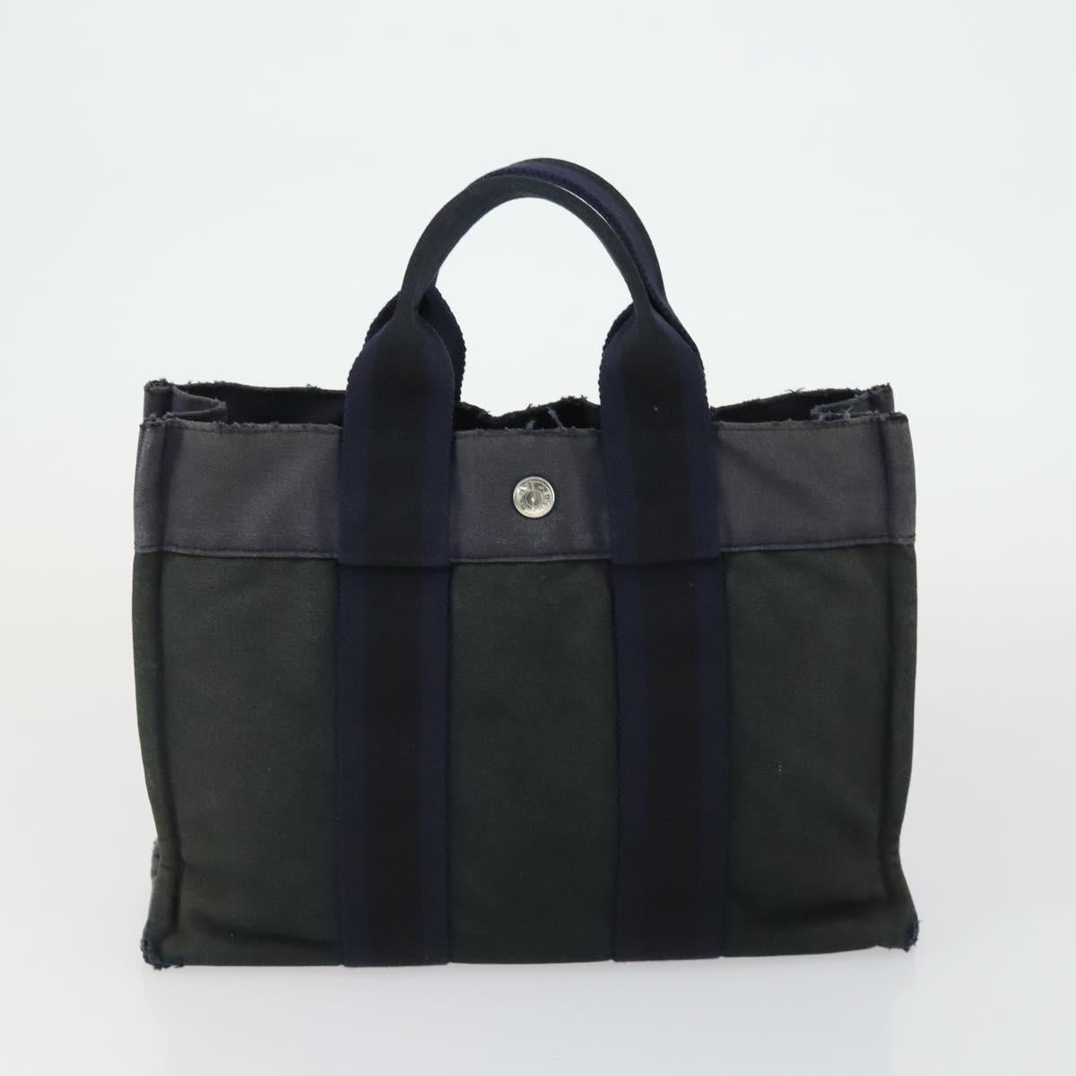 HERMES Fourre Tout Hand Bag Canvas 2 Set Gray Navy Auth bs33354
