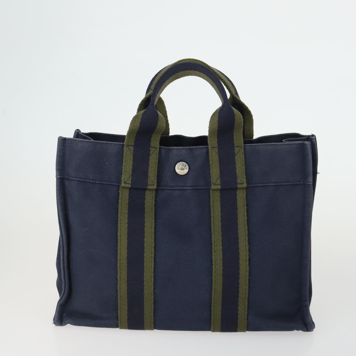 HERMES Fourre Tout Hand Bag Canvas 2 Set Gray Navy Auth bs33354