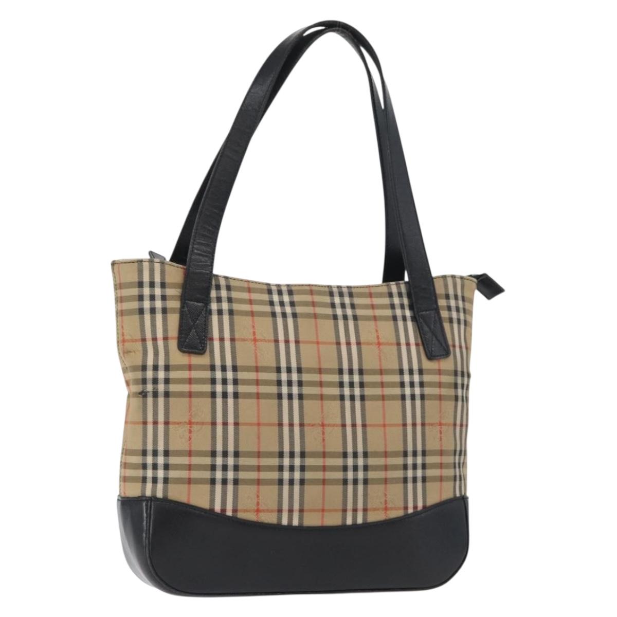 BURBERRY Nova Check Hand Bag Canvas Beige Gold Auth bs33397