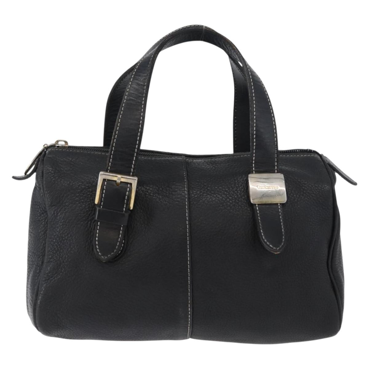 Burberrys Hand Bag Leather Black Gold Auth bs33429