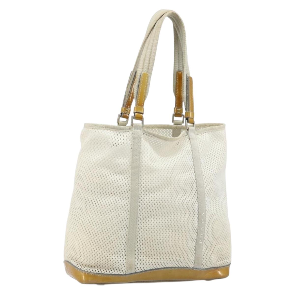 PRADA Hand Bag Canvas White Silver Auth bs33443