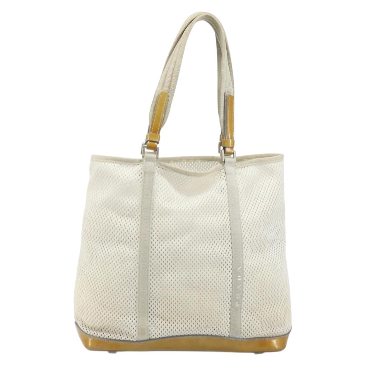 PRADA Hand Bag Canvas White Silver Auth bs33443
