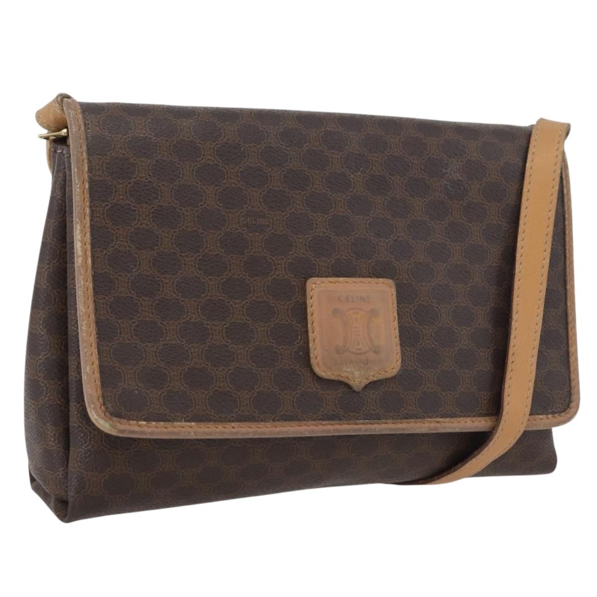 CELINE Macadam Canvas Shoulder Bag PVC Leather Brown Gold Auth bs33452