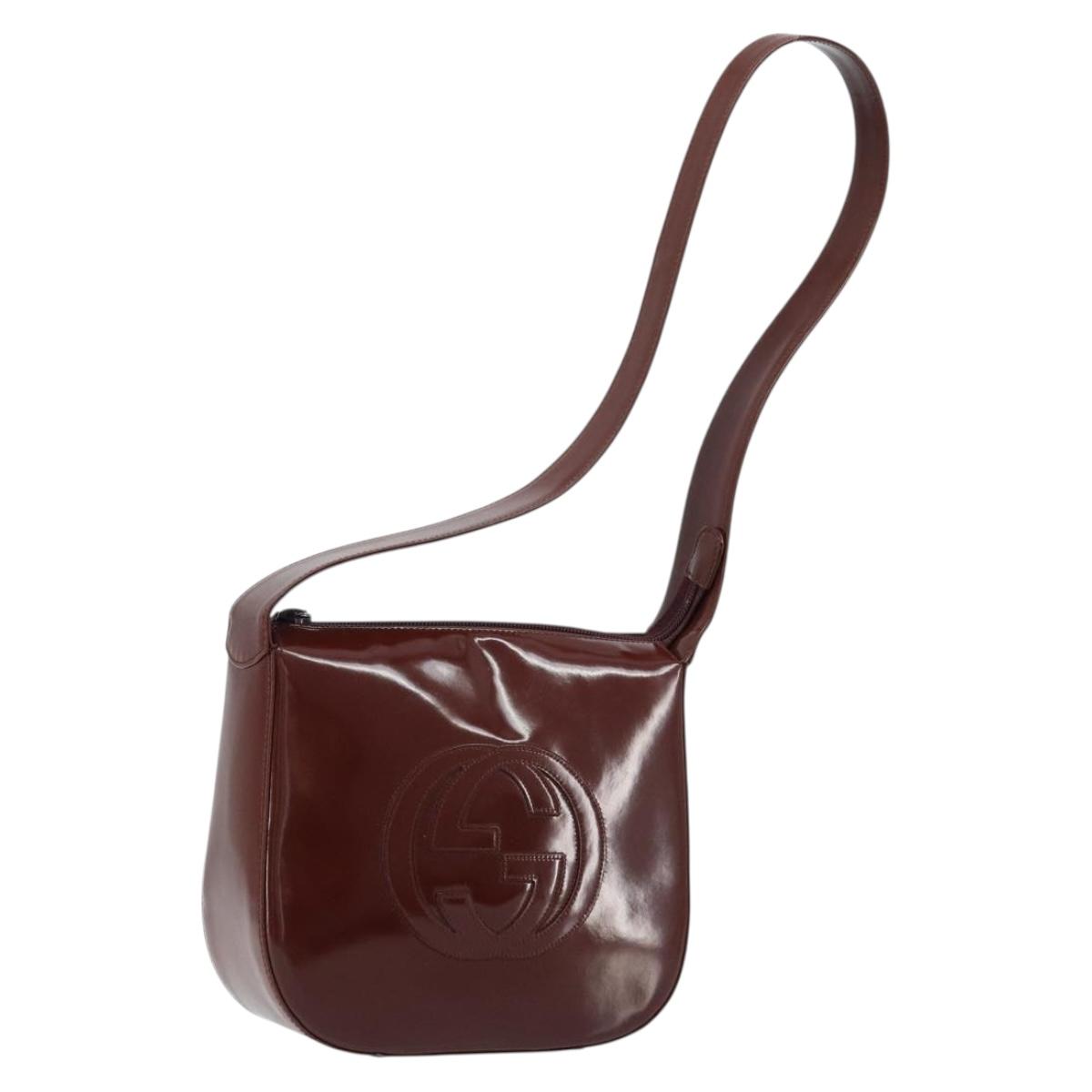 GUCCI Shoulder Bag Patent leather Brown Silver Auth bs33463