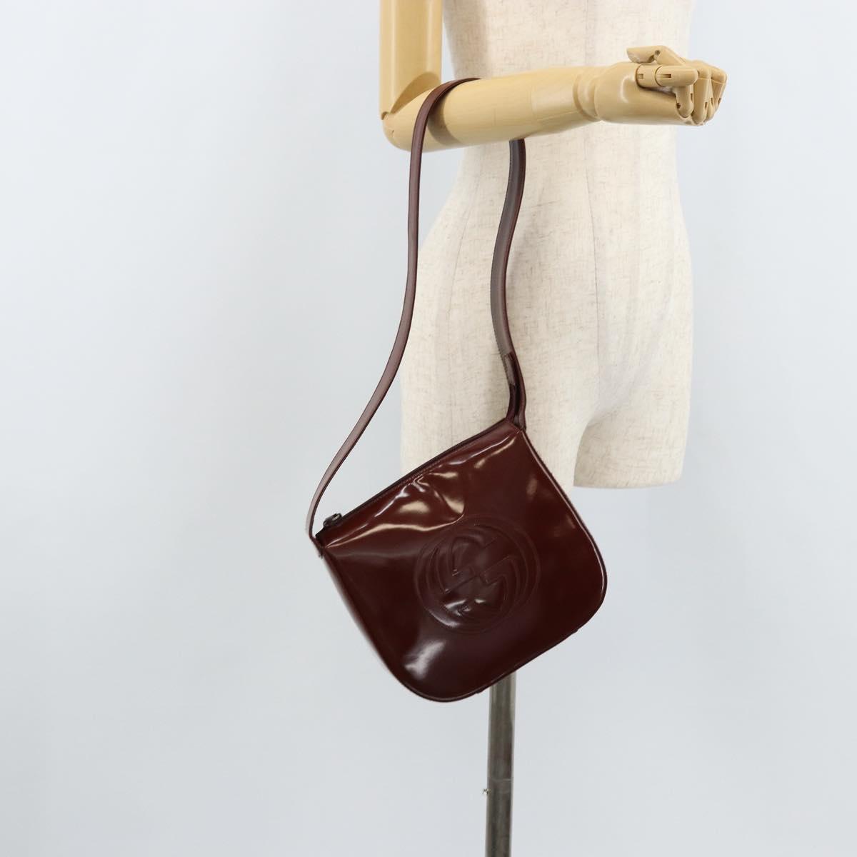 GUCCI Shoulder Bag Patent leather Brown Silver Auth bs33463