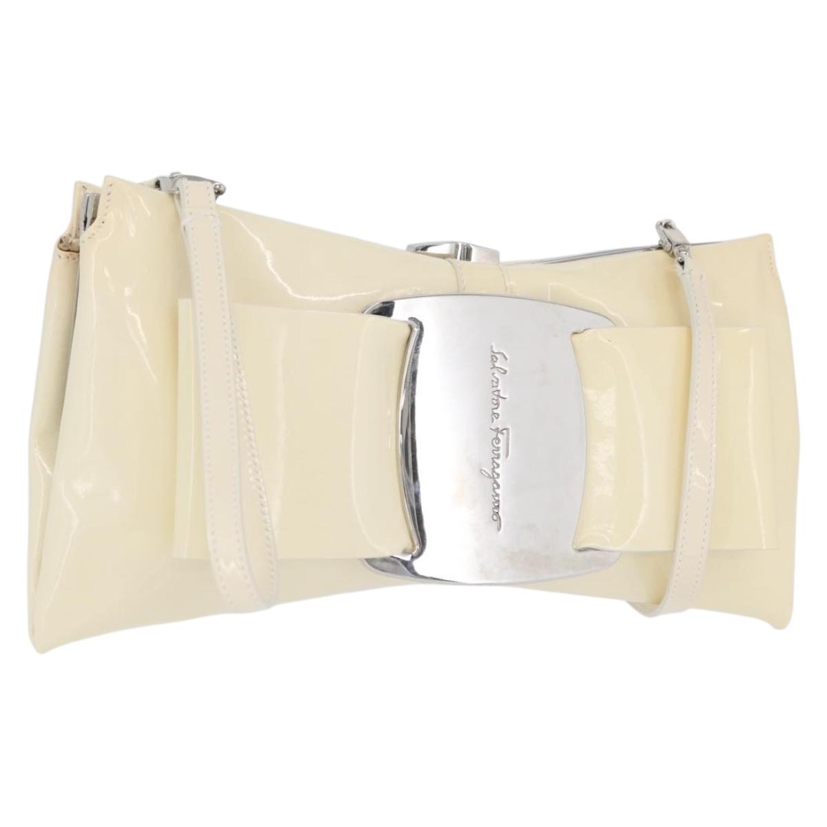 Salvatore Ferragamo Shoulder Bag Patent leather Cream Silver Auth bs33471