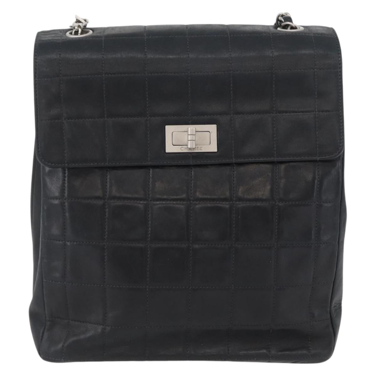 CHANEL Choco Bar Chain Shoulder Bag Lamb Skin Black Silver CC Auth bs33473