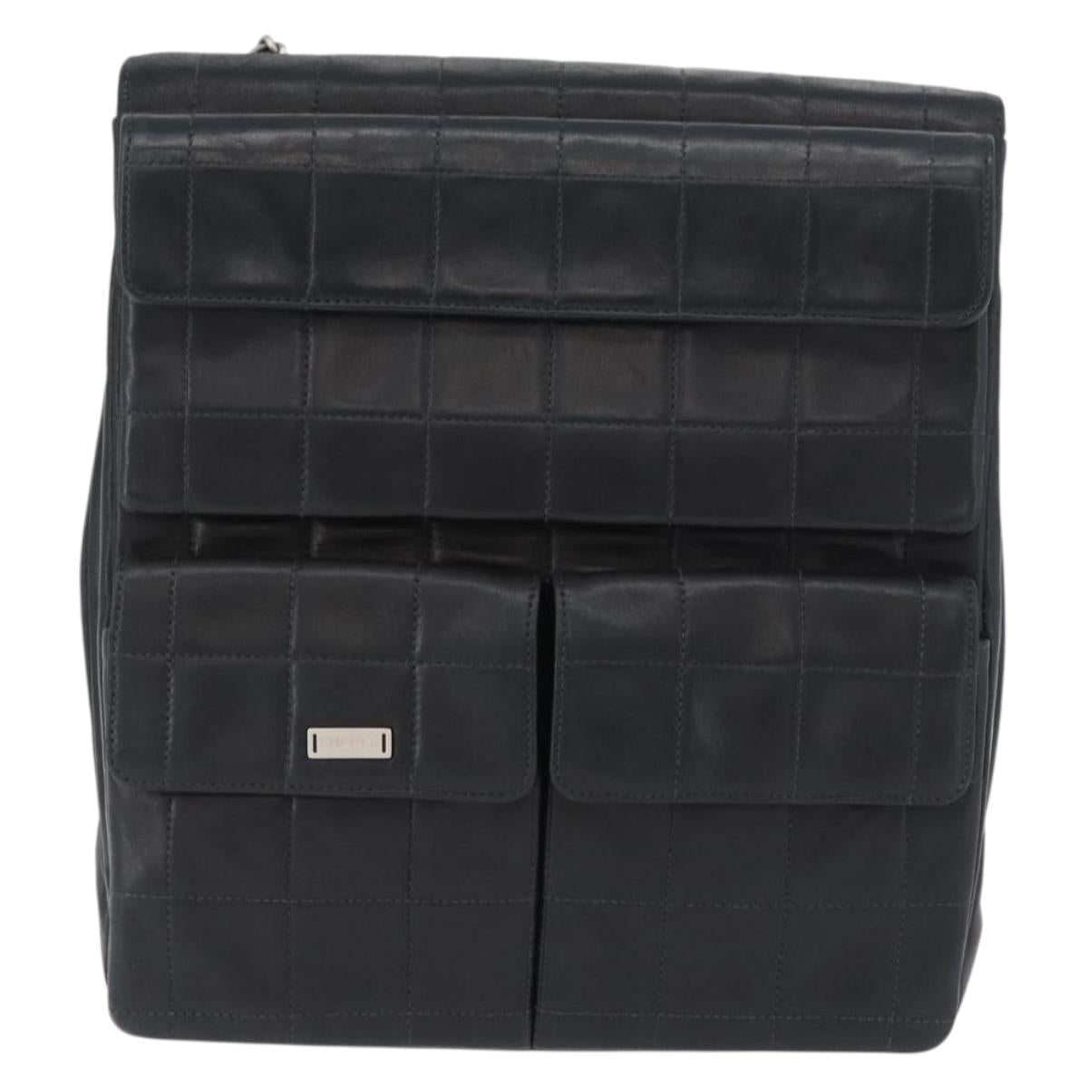 CHANEL Choco Bar Chain Shoulder Bag Lamb Skin Black Silver CC Auth bs33473