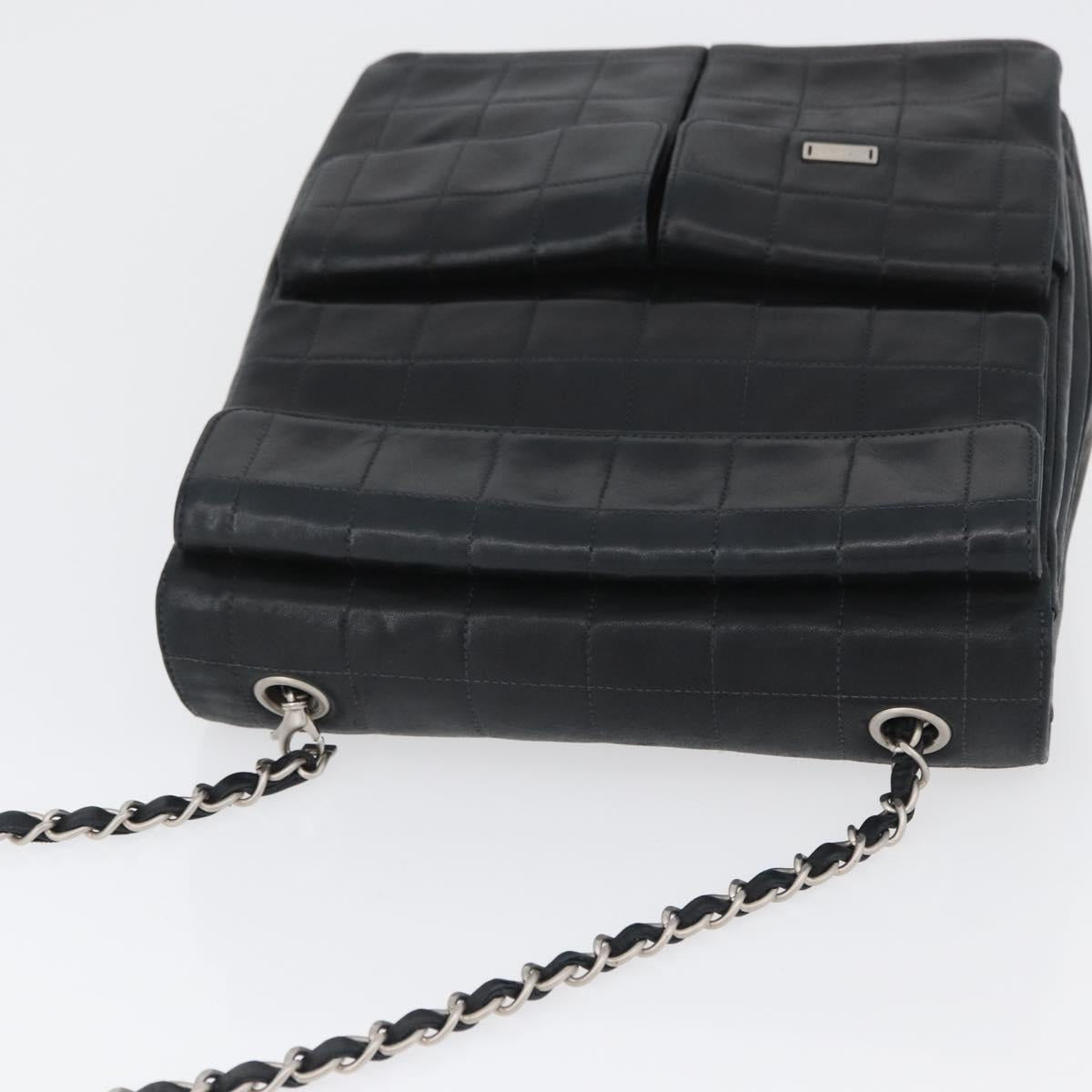 CHANEL Choco Bar Chain Shoulder Bag Lamb Skin Black Silver CC Auth bs33473