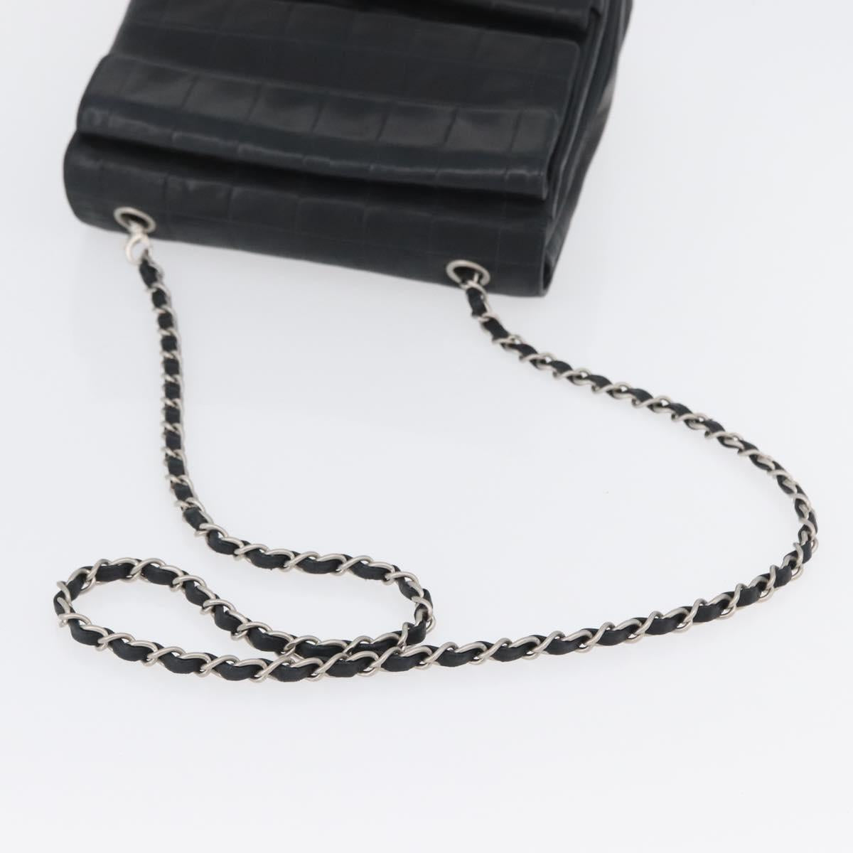 CHANEL Choco Bar Chain Shoulder Bag Lamb Skin Black Silver CC Auth bs33473