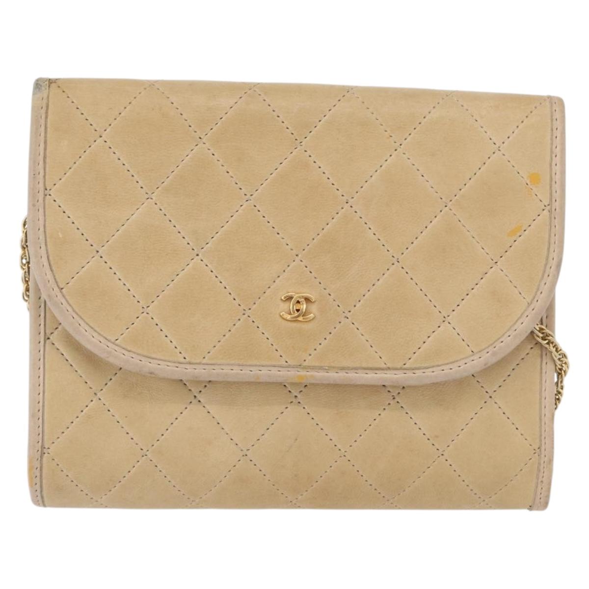 CHANEL Matelasse Chain Shoulder Bag Lamb Skin Beige Gold CC Auth bs33475