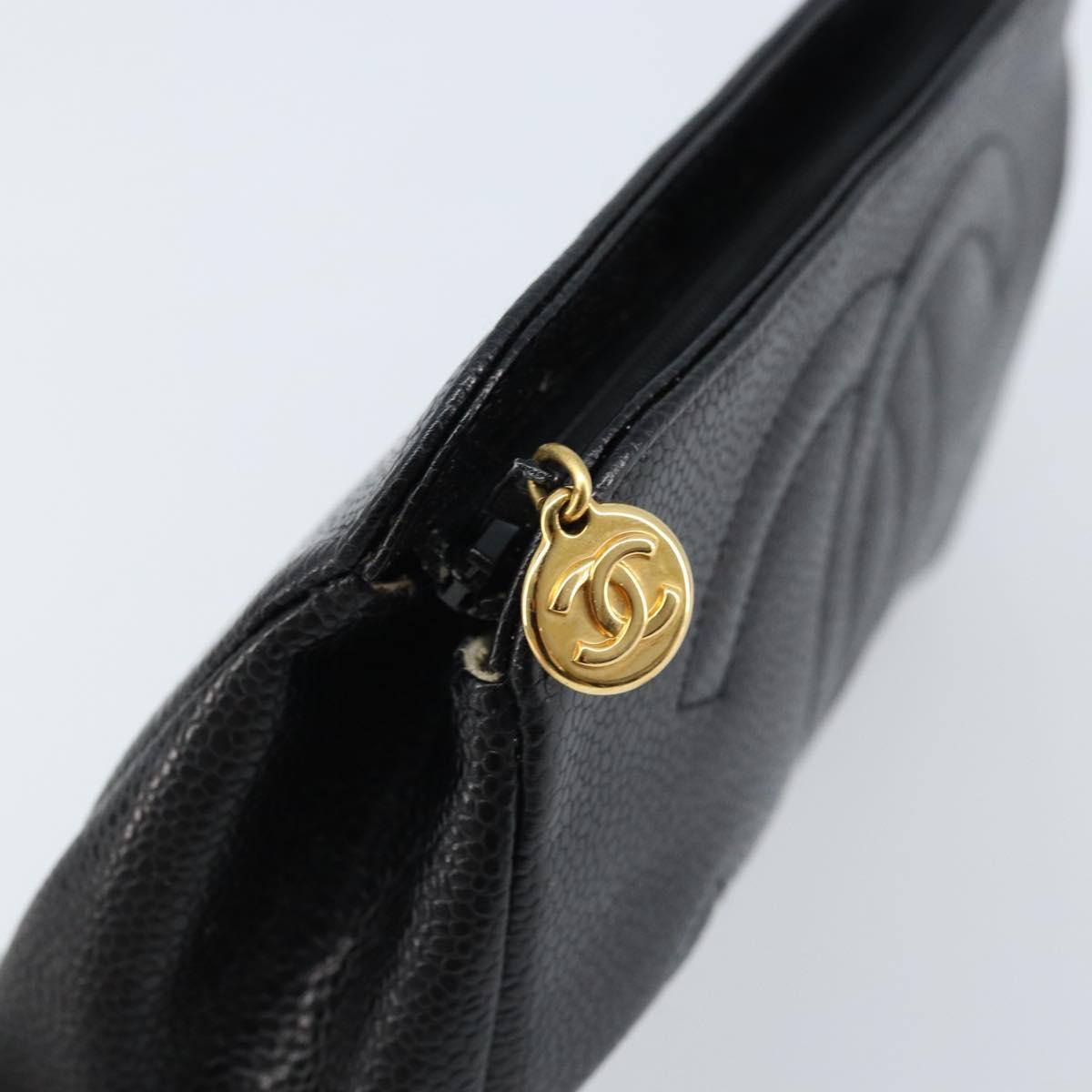 CHANEL Pouch Caviar Skin Black Gold CC Auth bs33477