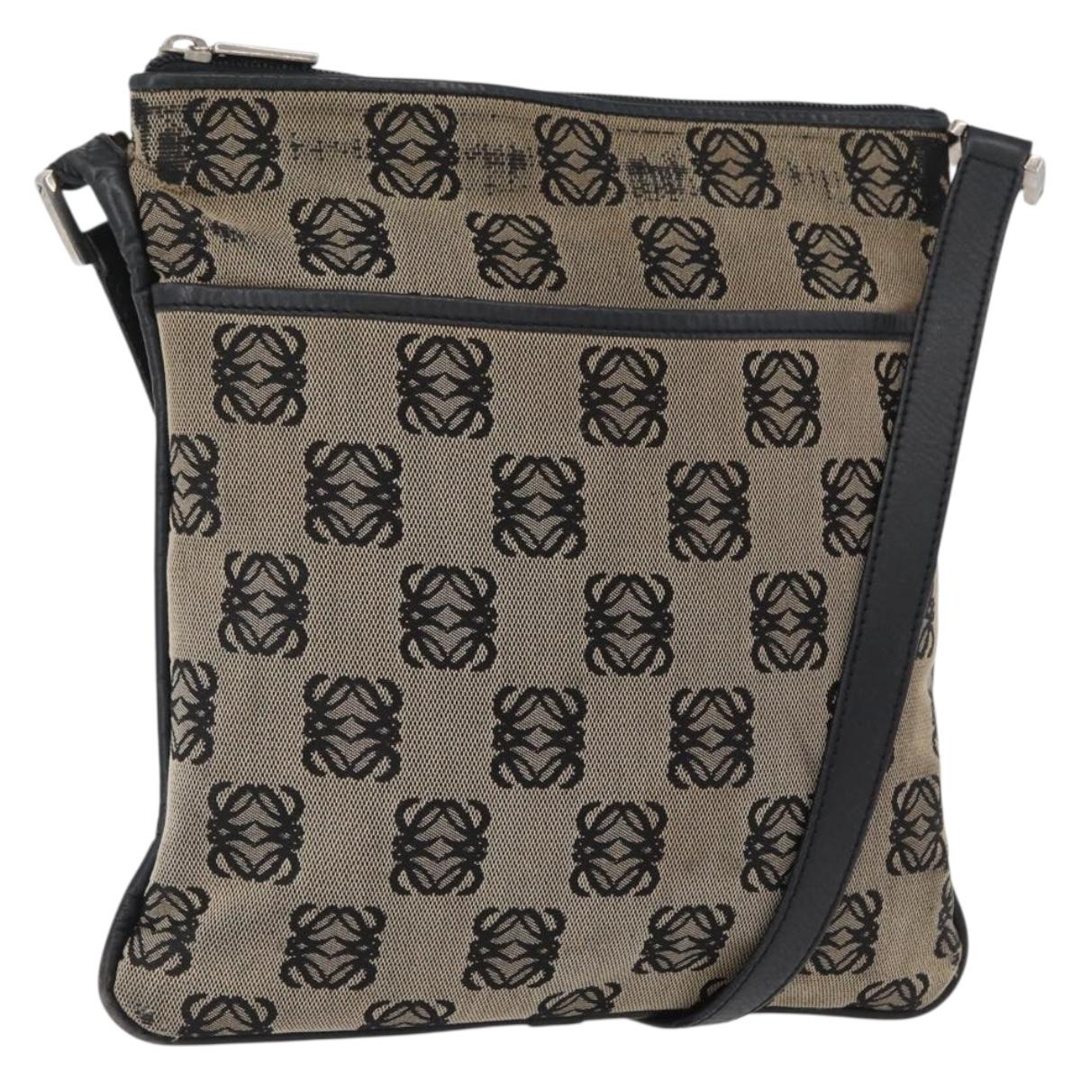LOEWE Anagram Shoulder Bag Canvas Beige Silver Auth bs33493