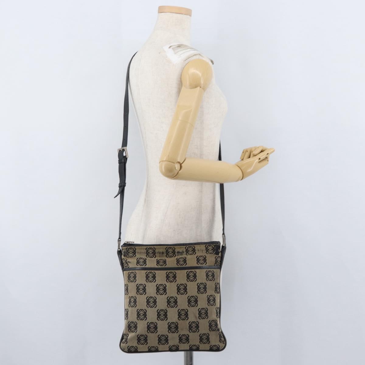 LOEWE Anagram Shoulder Bag Canvas Beige Silver Auth bs33493
