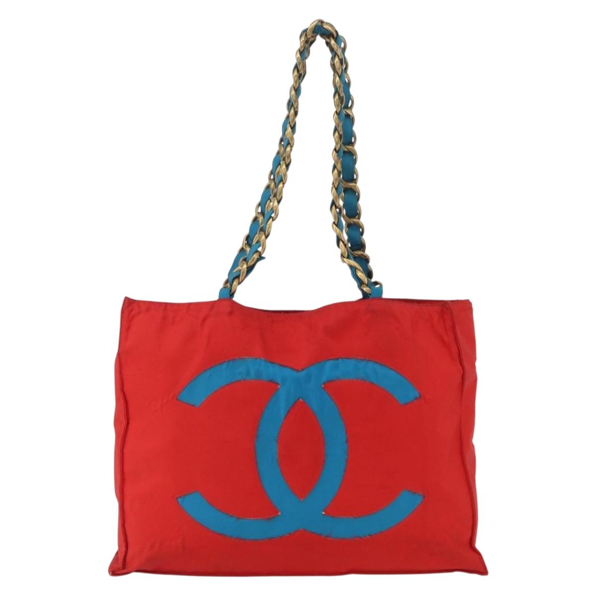 CHANEL Chain Tote Bag Canvas Red Gold CC Auth bs33510