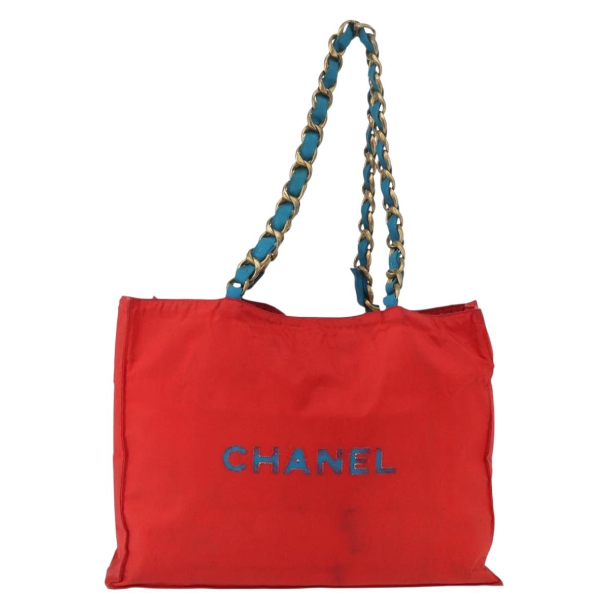 CHANEL Chain Tote Bag Canvas Red Gold CC Auth bs33510