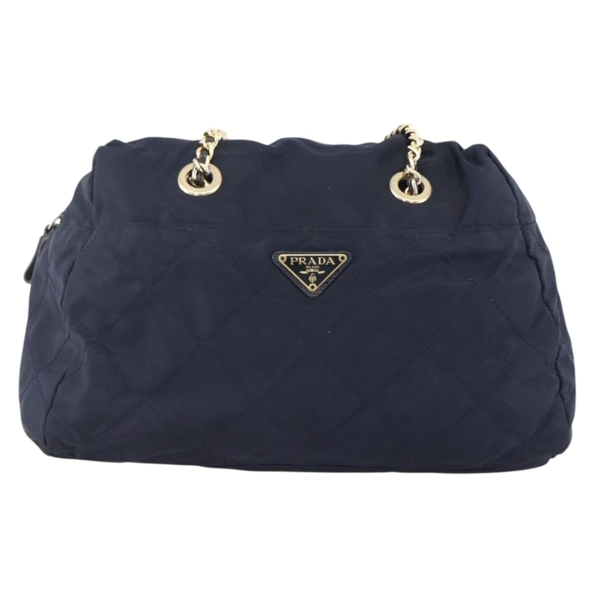 PRADA Chain Shoulder Bag Nylon Navy Gold Auth bs33521