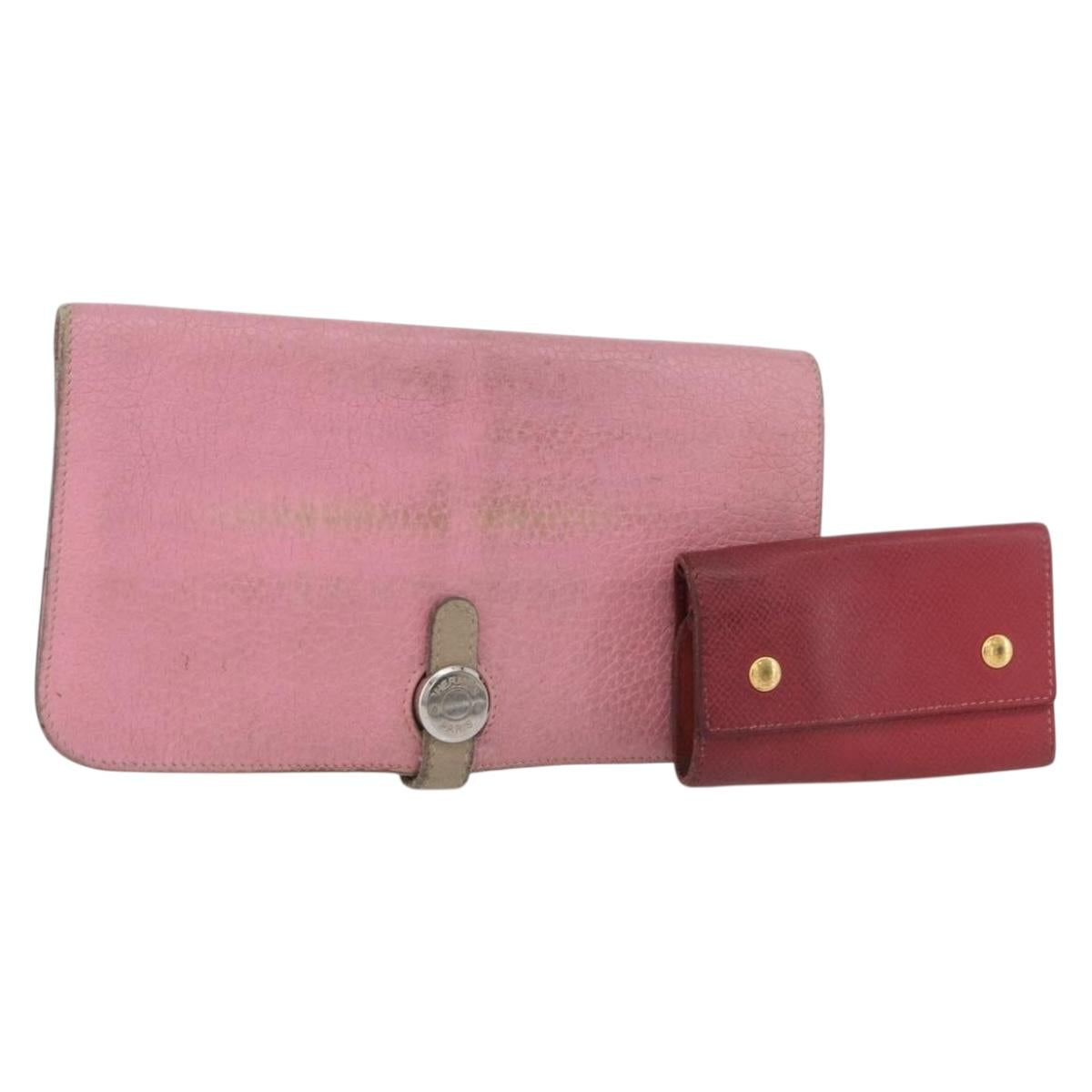 HERMES Wallet Leather 2 Set Red Pink Auth bs33530