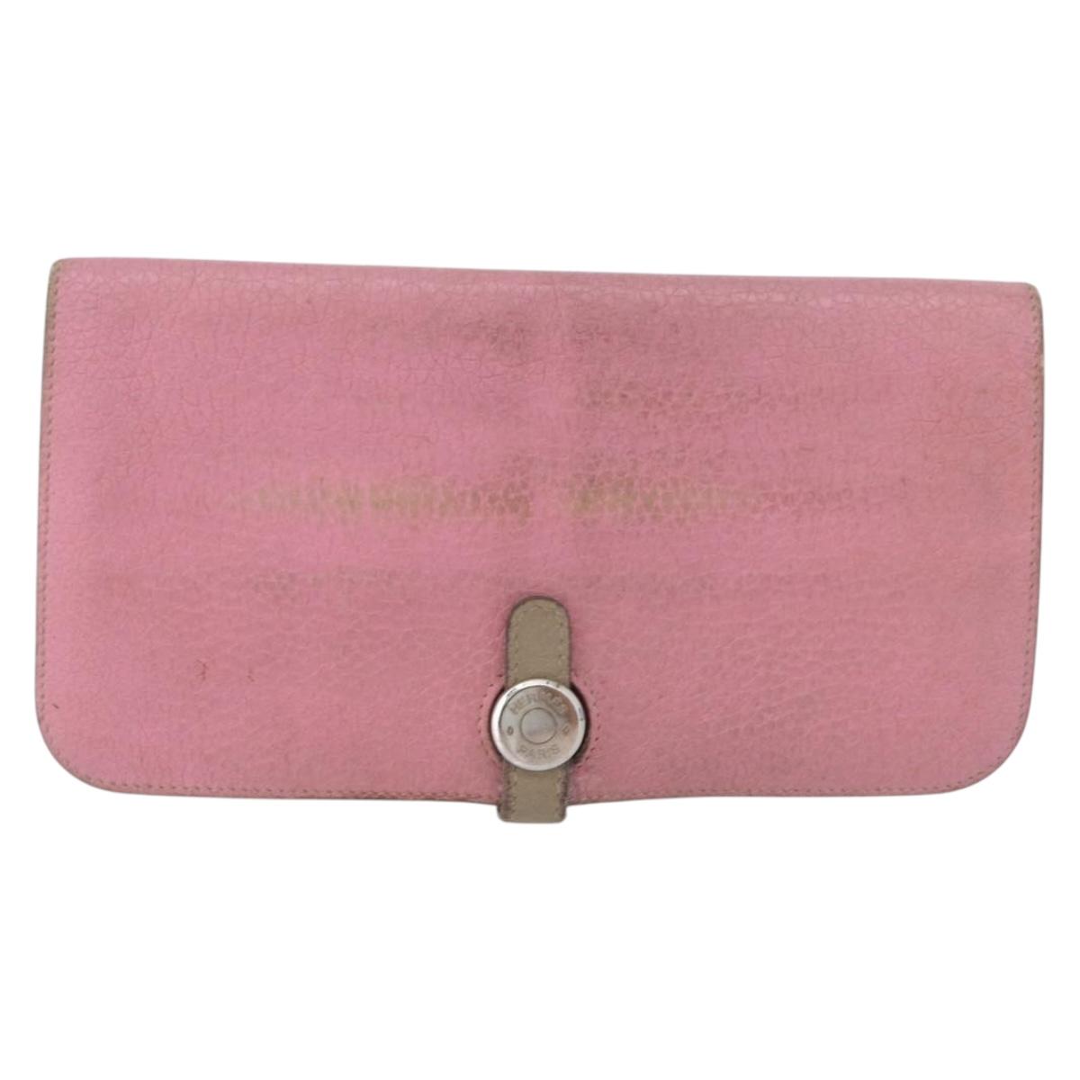 HERMES Wallet Leather 2 Set Red Pink Auth bs33530