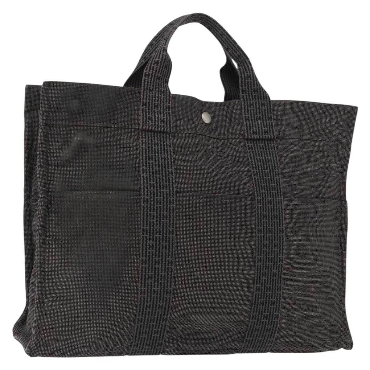 HERMES Her Line Tote MM Hand Bag Canvas Gray Silver Auth bs33537