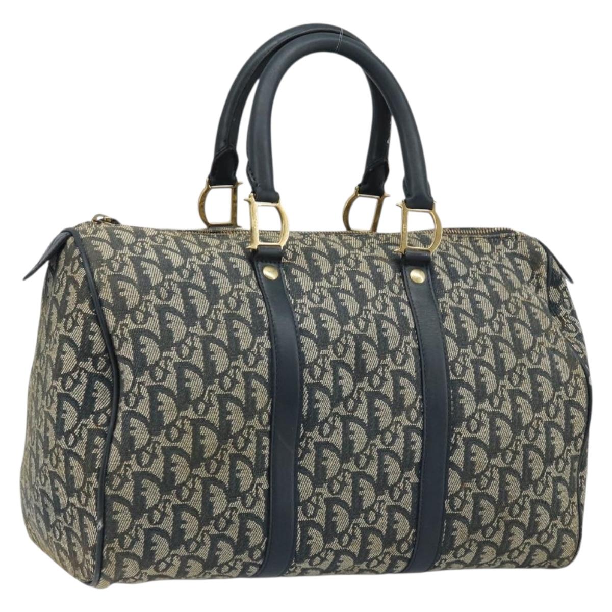 Christian Dior Trotter Canvas Boston Bag Navy Gold Auth bs33550