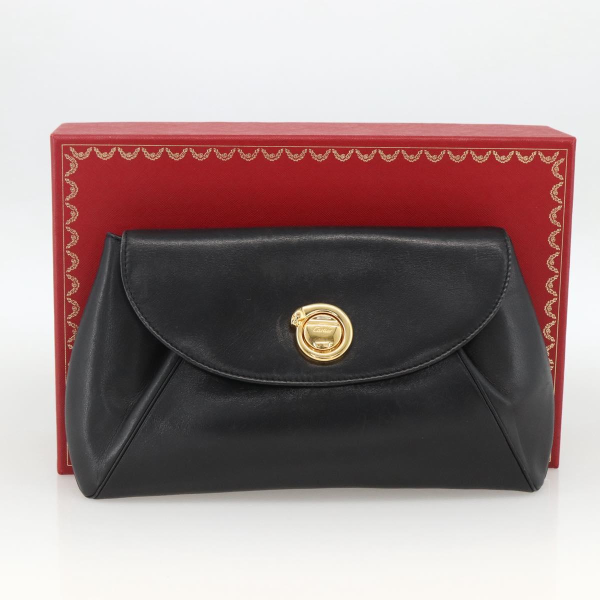 CARTIER Pouch Clutch Bag Leather set Black Gold Auth bs33557