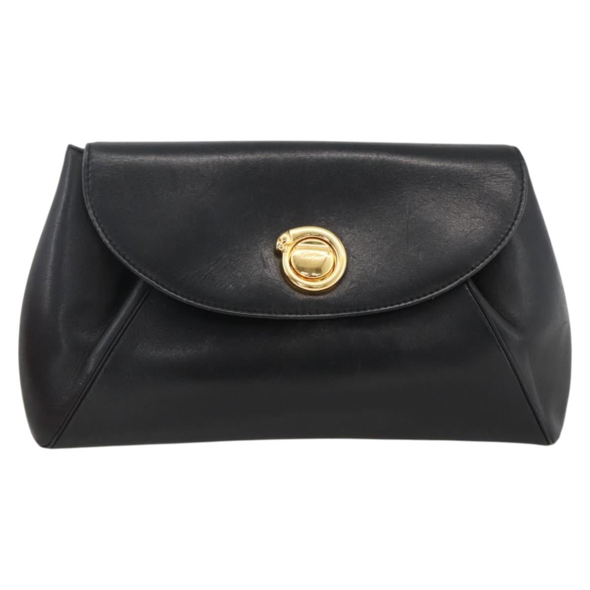 CARTIER Pouch Clutch Bag Leather set Black Gold Auth bs33557