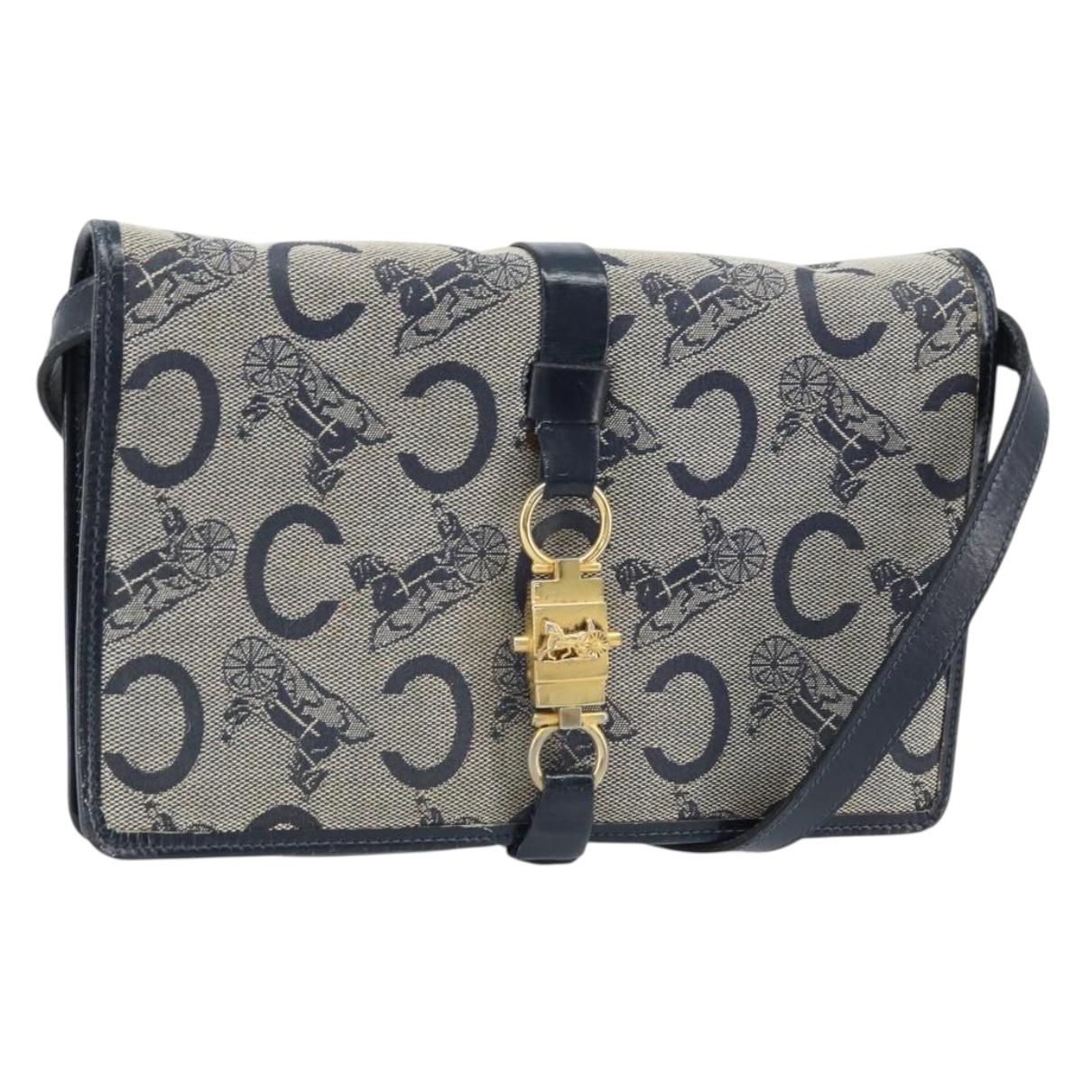 CELINE C Macadam Canvas Shoulder Bag Navy Gold Auth bs33582